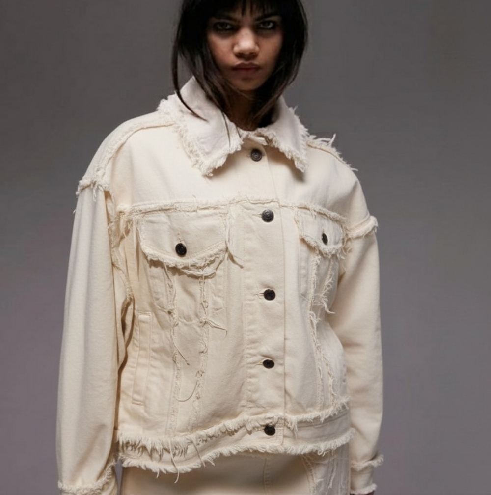 Topshop Frayed Denim Oversized Jacket Ecru Size 4